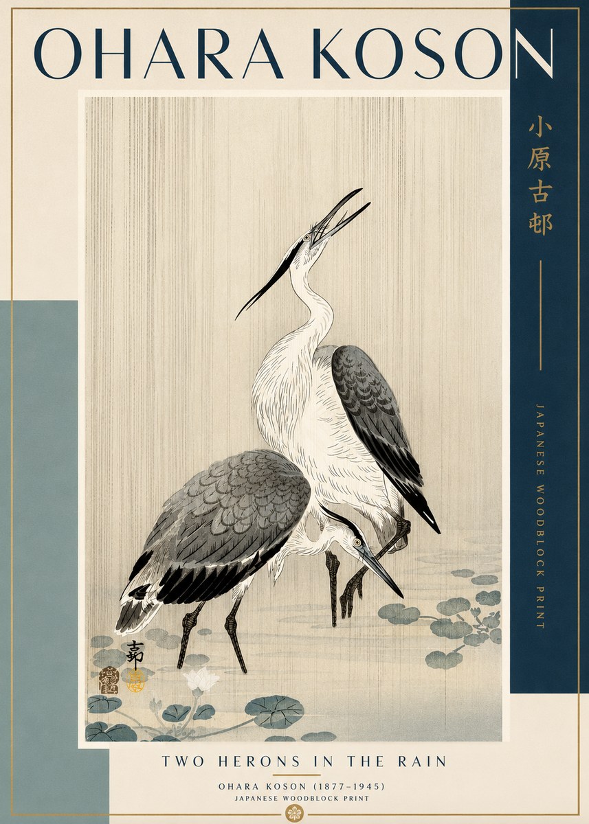 Ohara Koson Two Herons in the Rain No2 - Poszter