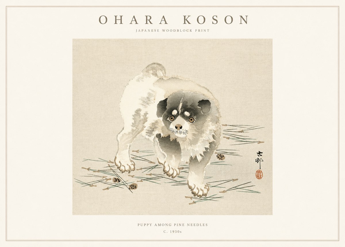 Ohara Koson Puppy Among Pine Needles No1 - Poszter