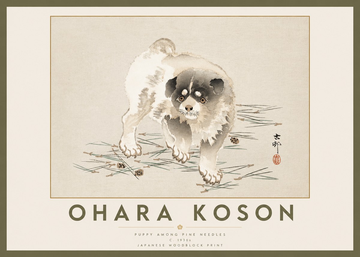 Ohara Koson Puppy Among Pine Needles No2 - Poszter