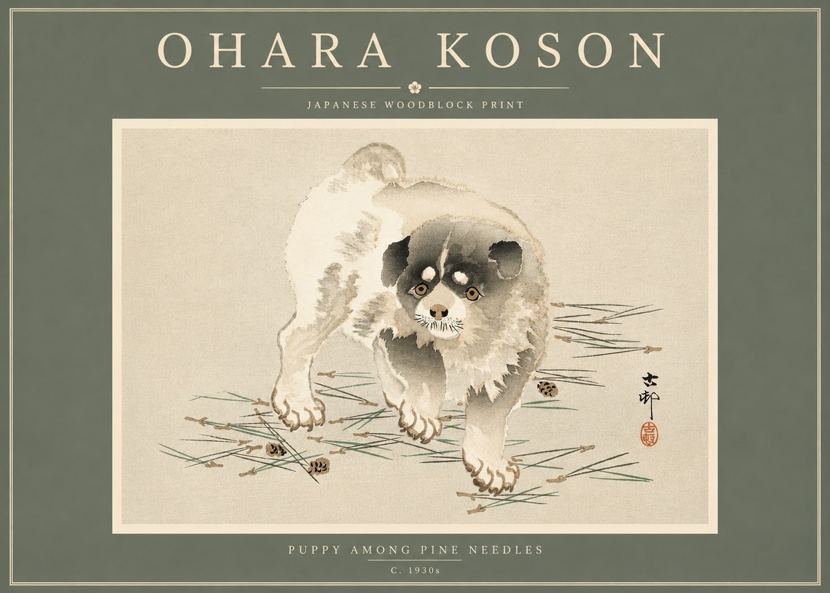Ohara Koson Puppy Among Pine Needles No4 - Poszter