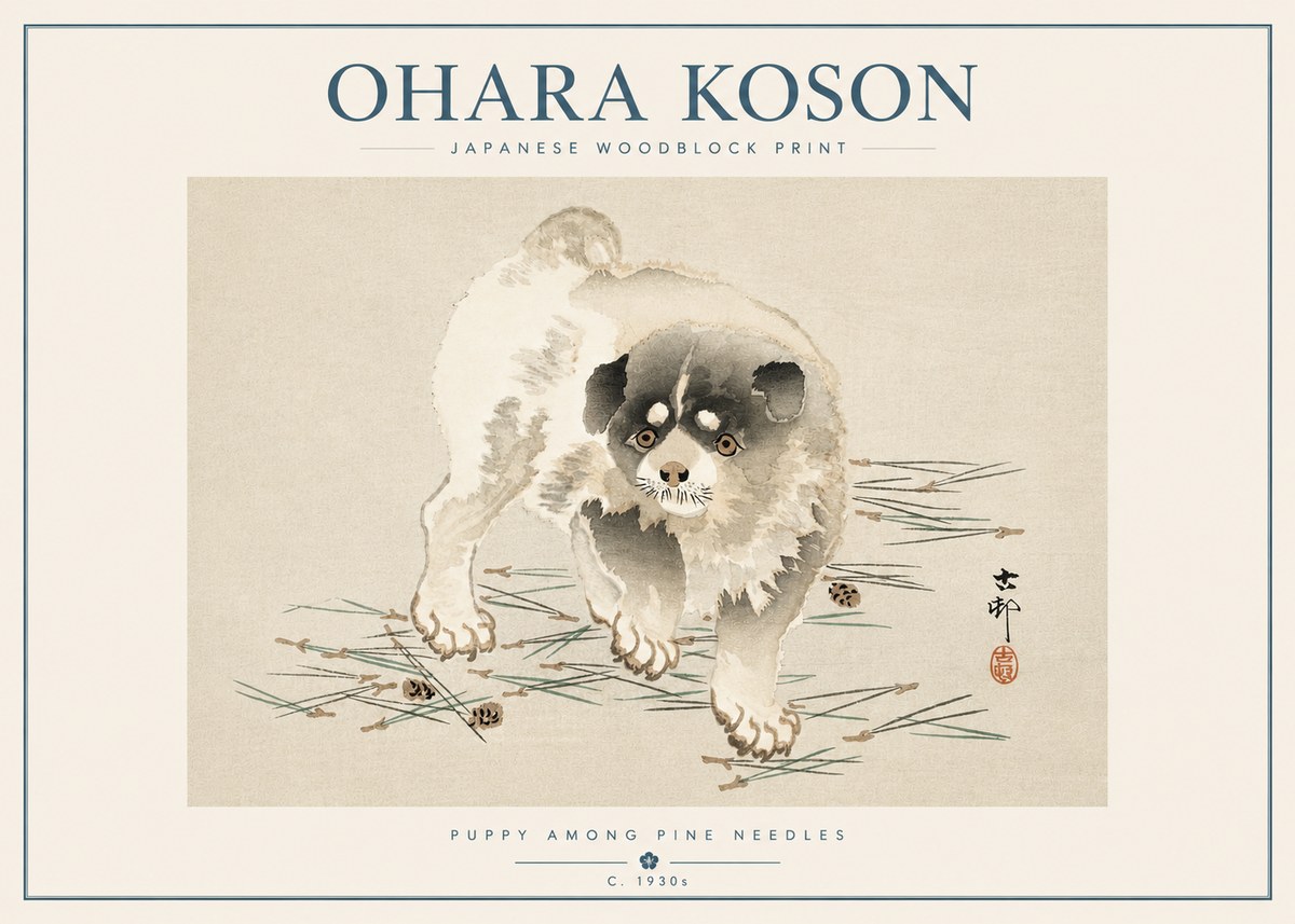Ohara Koson Puppy Among Pine Needles No5 - Poszter