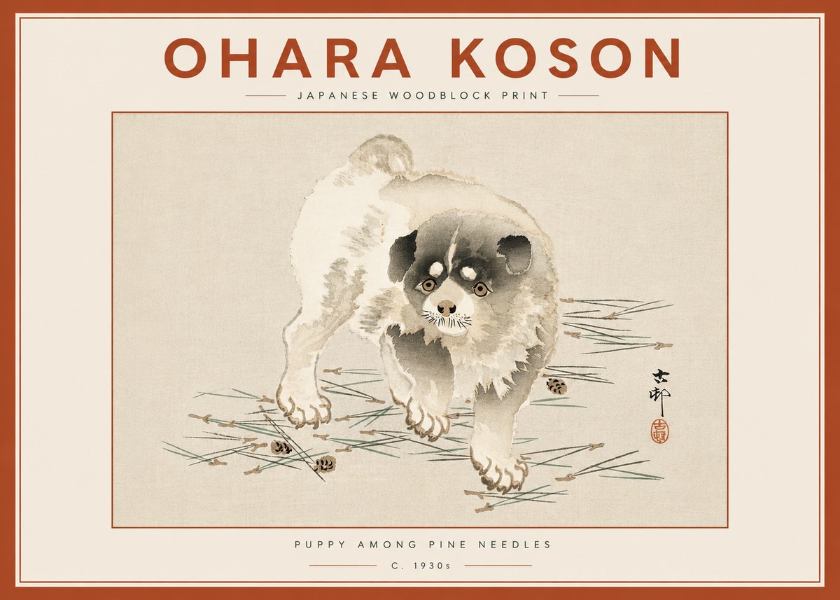 Ohara Koson Puppy Among Pine Needles No6 - Poszter