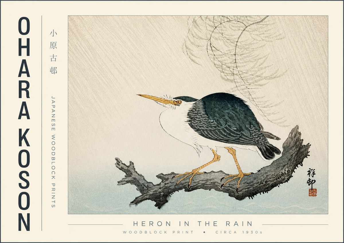 Ohara Koson Heron in the Rain No4 - Poszter