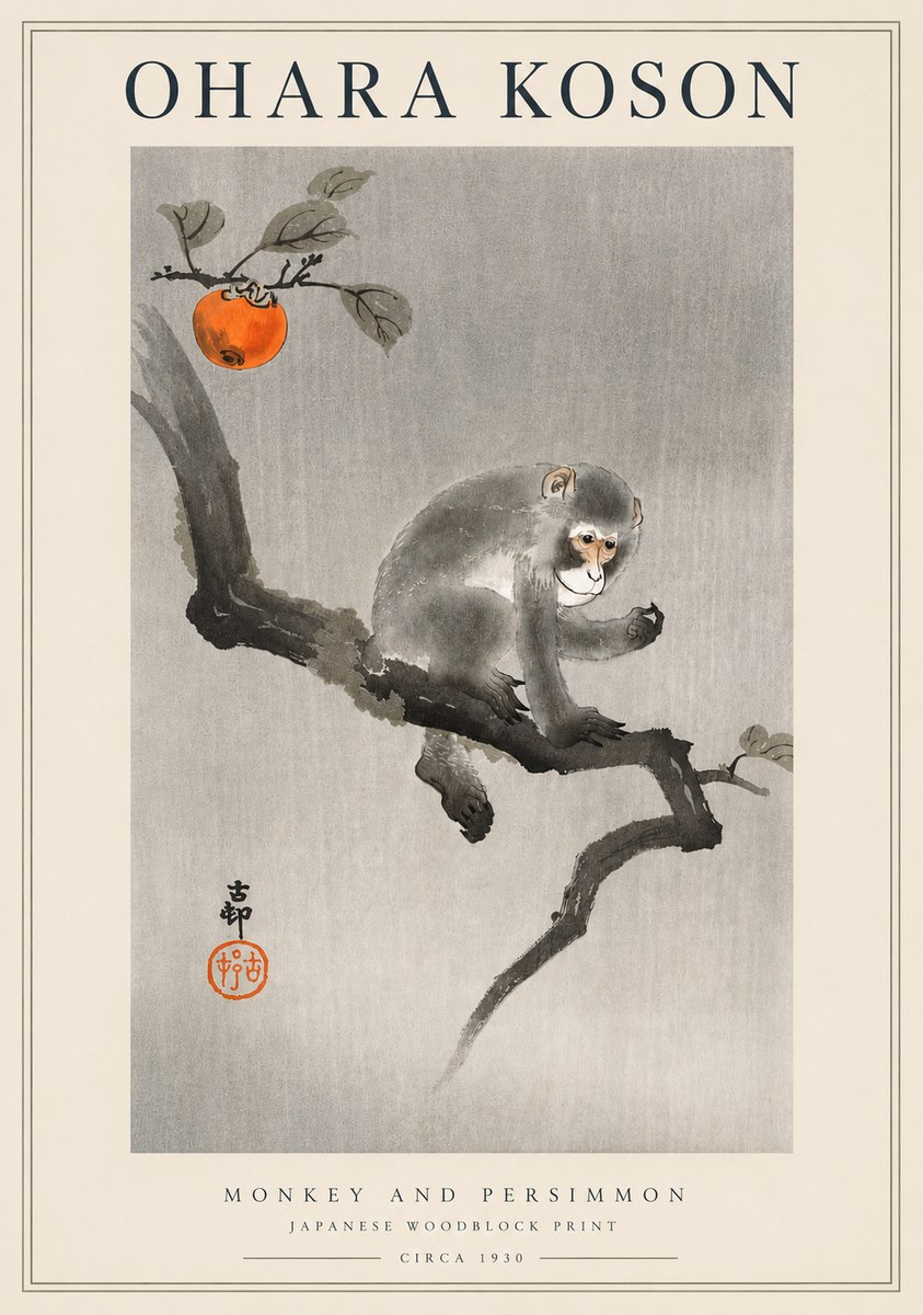 Ohara Koson Monkey and Persimmon No3 - Poszter