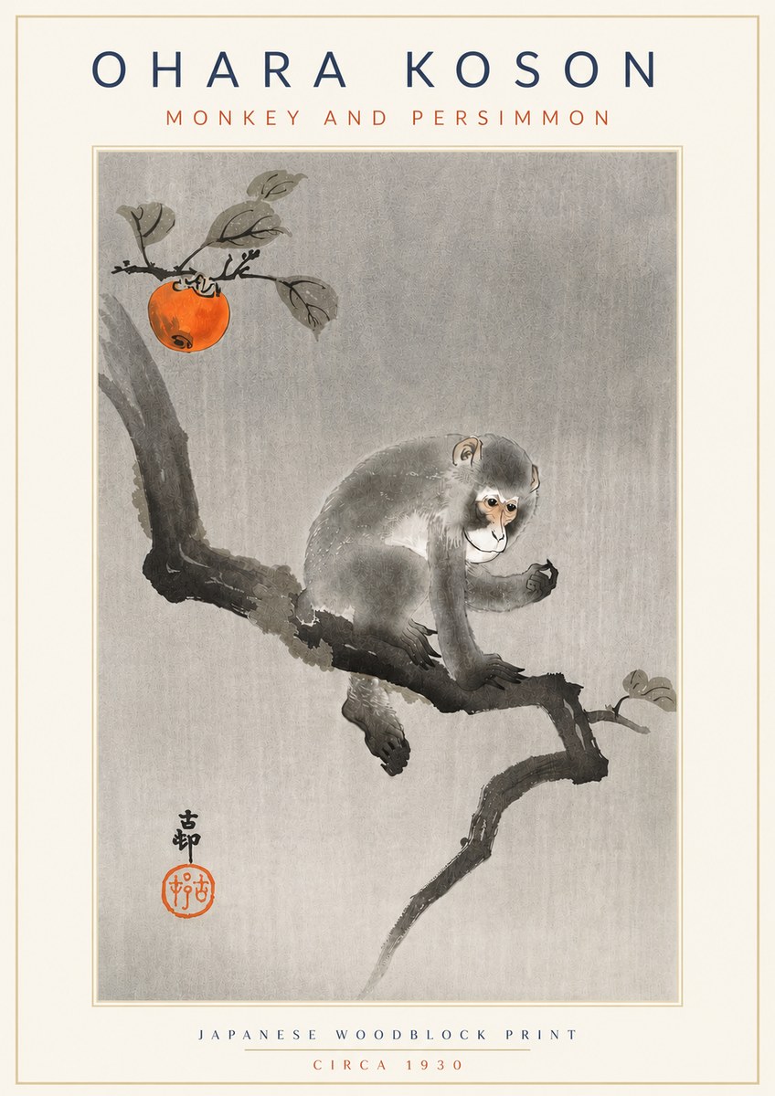 Ohara Koson Monkey and Persimmon No4 - Poszter