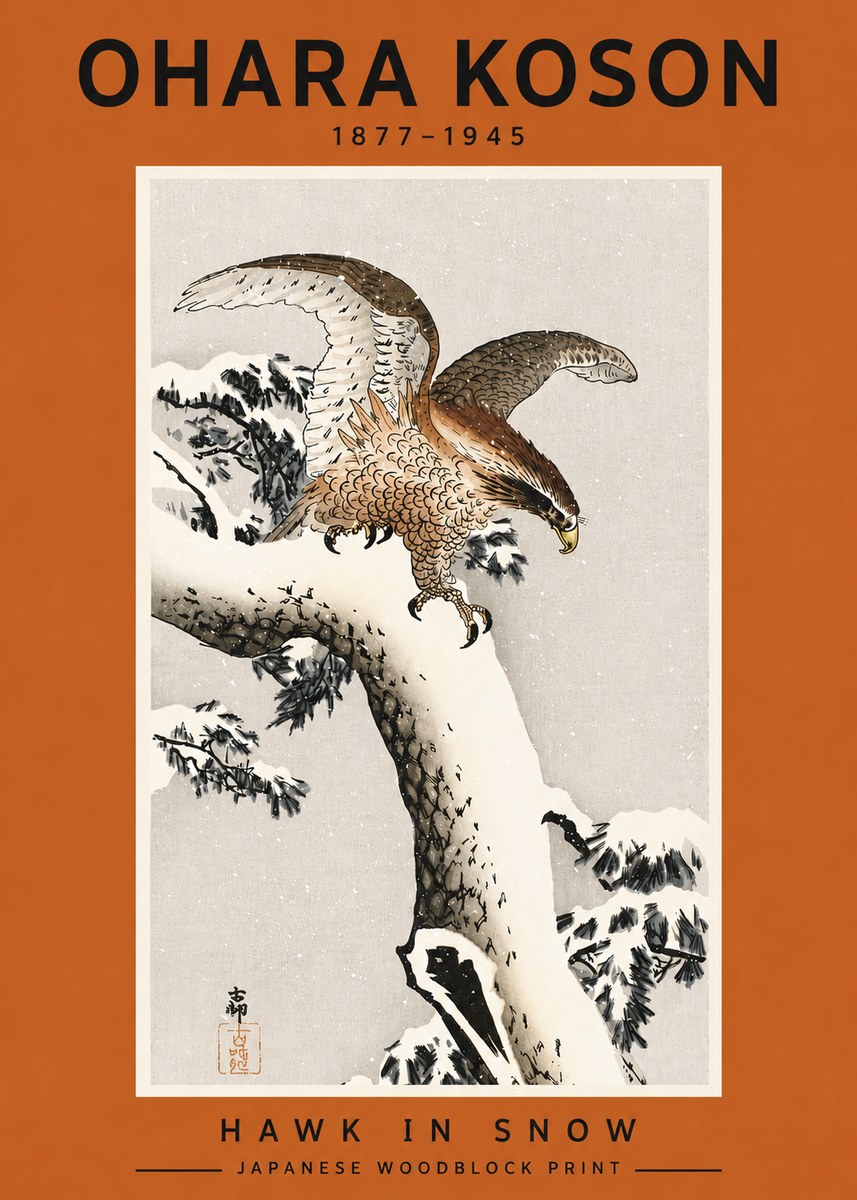 Ohara Koson Hawk in Snow No4 - Poszter