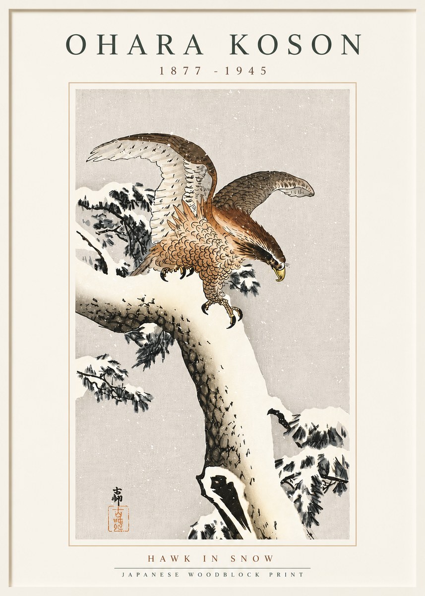 Ohara Koson Hawk in Snow No5 - Poszter