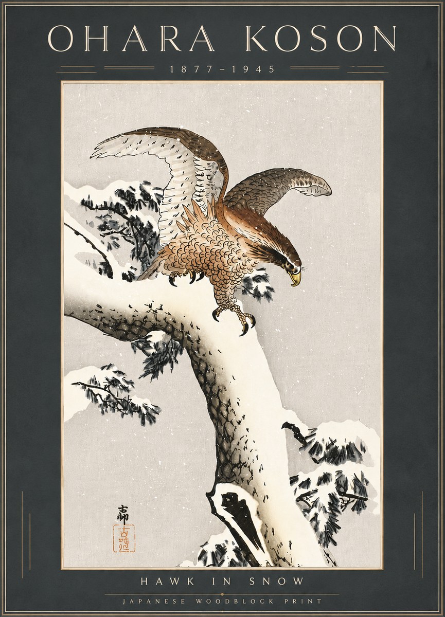 Ohara Koson Hawk in Snow No6 - Poszter