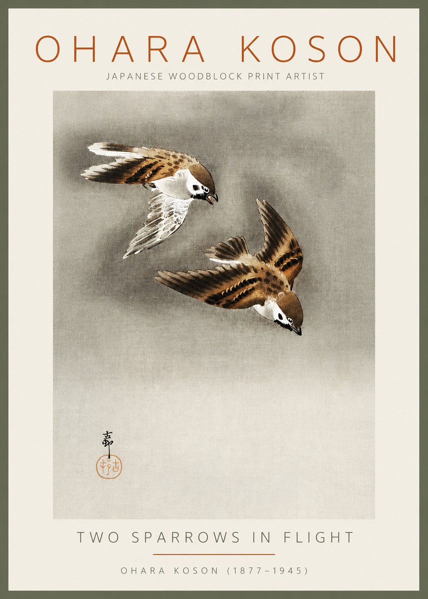 Ohara Koson Two Sparrows in Flight No2 - Poszter