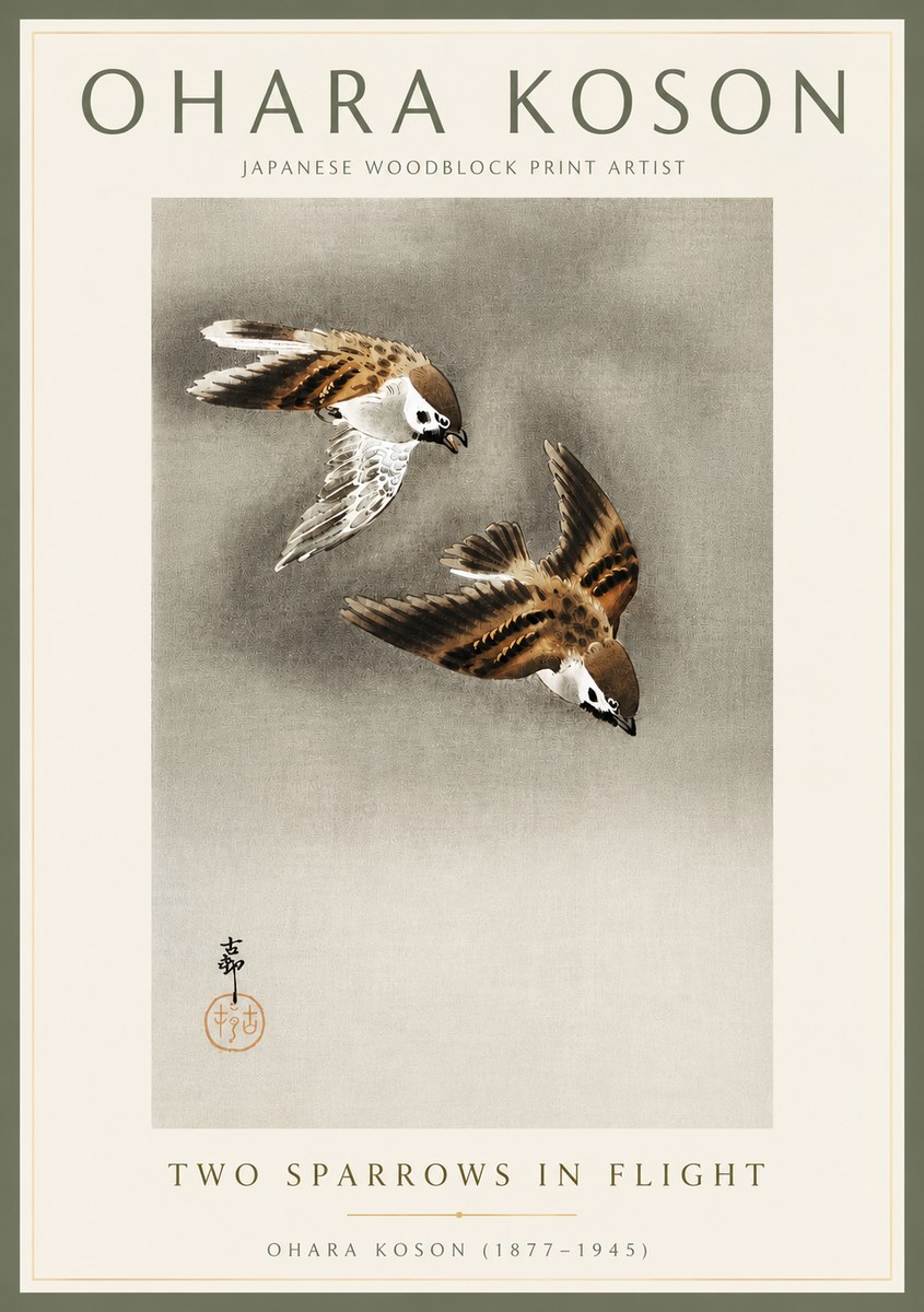 Ohara Koson Two Sparrows in Flight No4 - Poszter