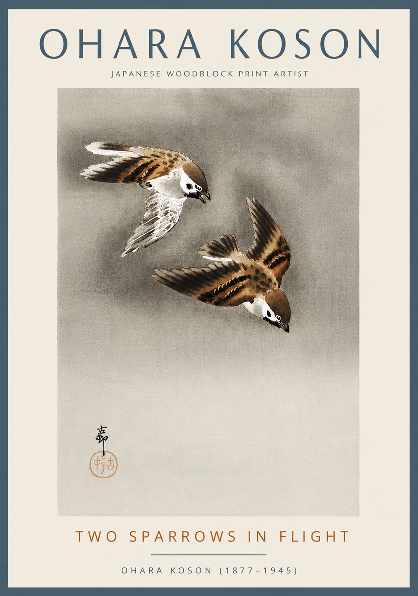 Ohara Koson Two Sparrows in Flight No5 - Poszter