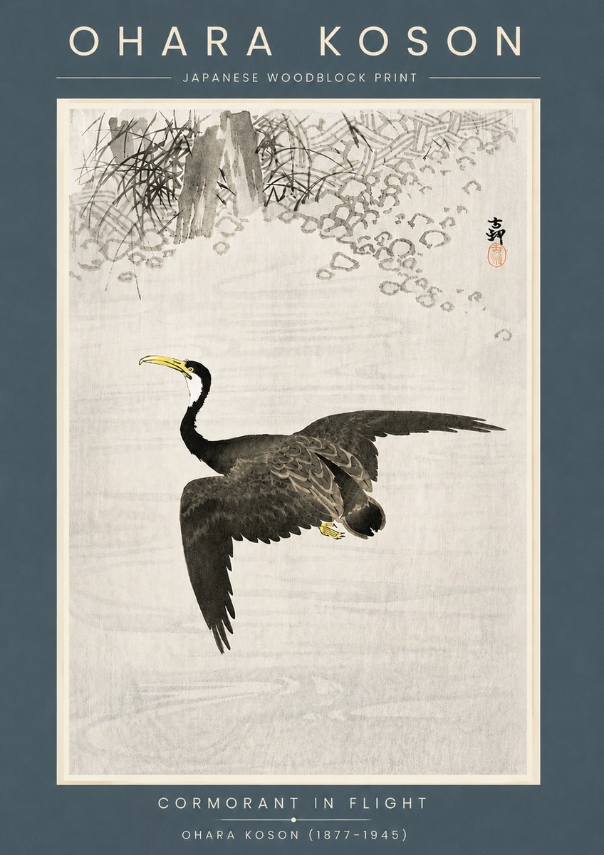 Ohara Koson Cormorant in Flight No6 - Poszter