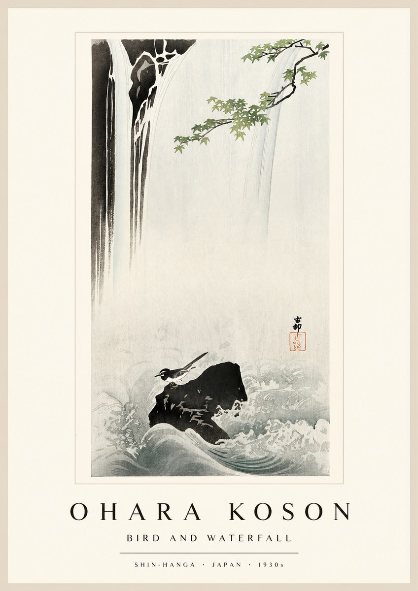 Ohara Koson Bird and Waterfall No1 - Poszter