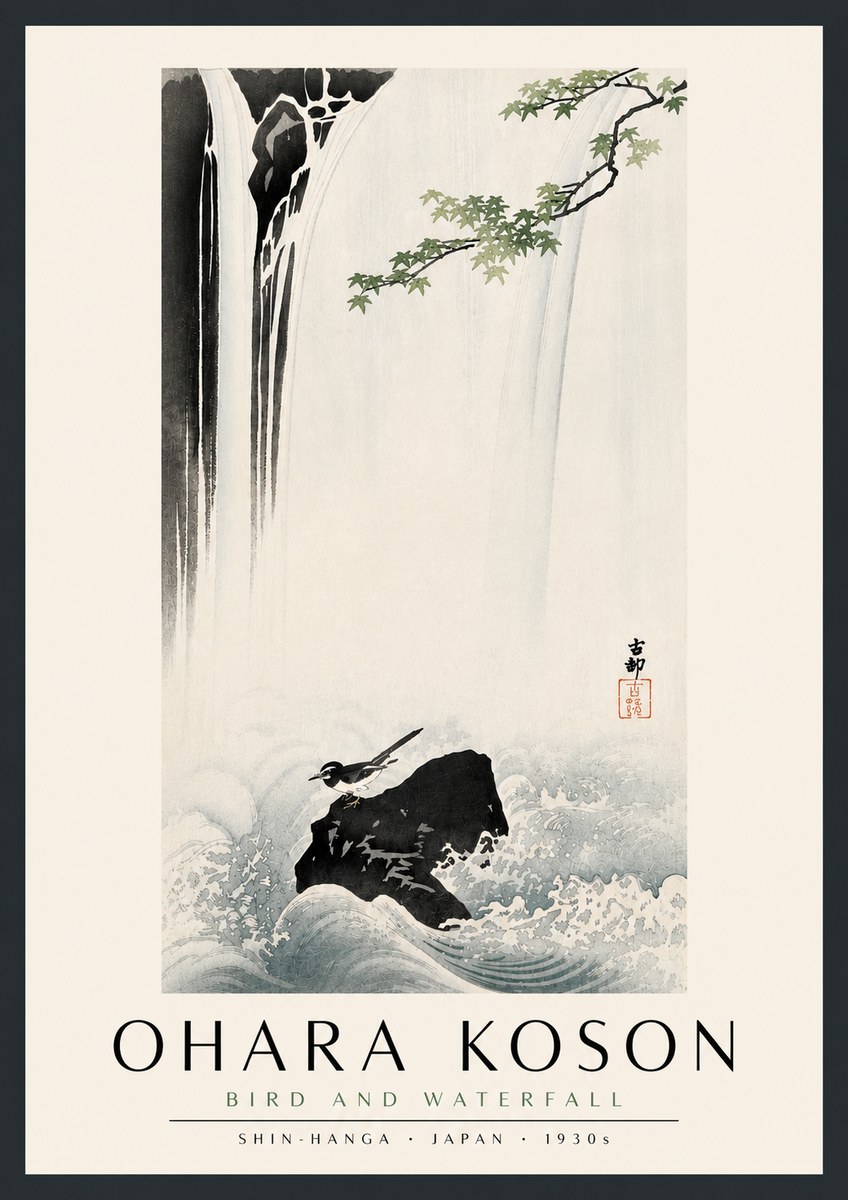 Ohara Koson Bird and Waterfall No5 - Poszter
