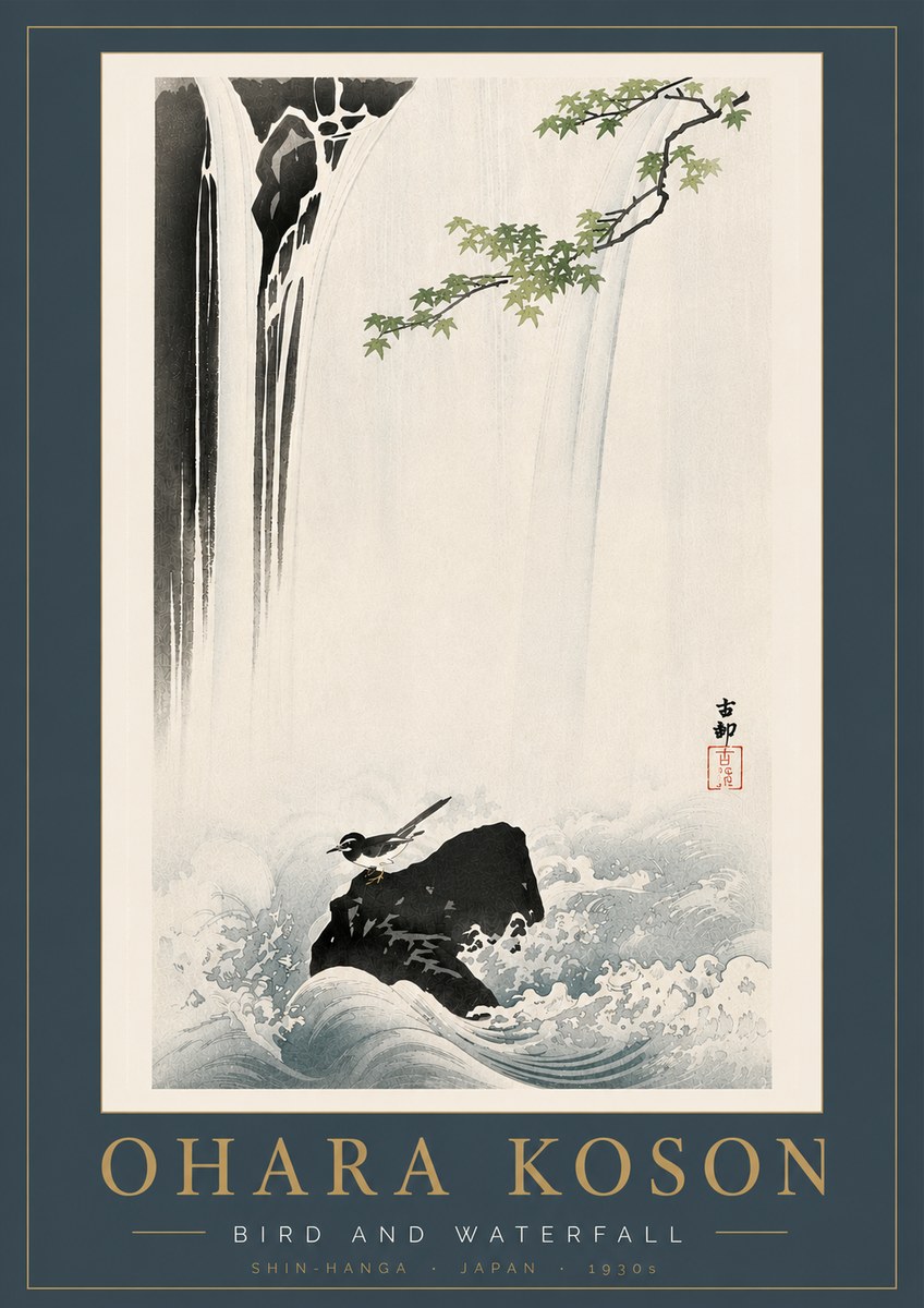 Ohara Koson Bird and Waterfall No6 - Poszter