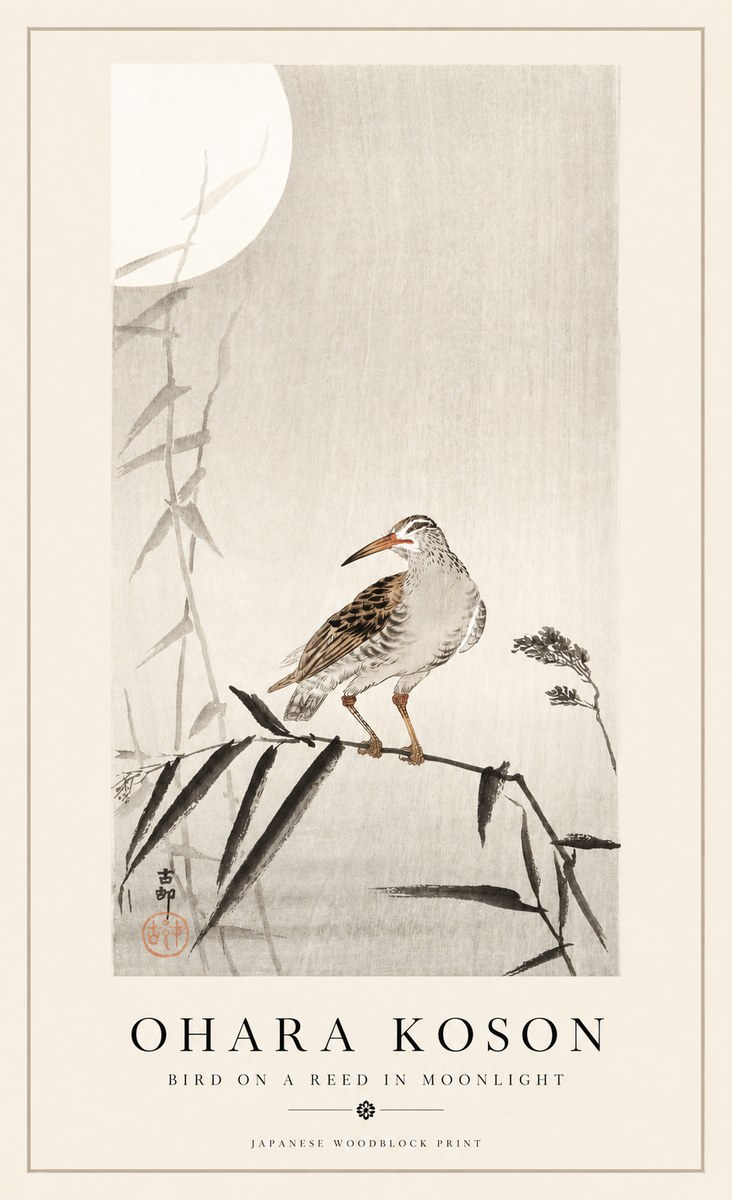 Ohara Koson Bird on a Reed in Moonlight No1 - Poszter
