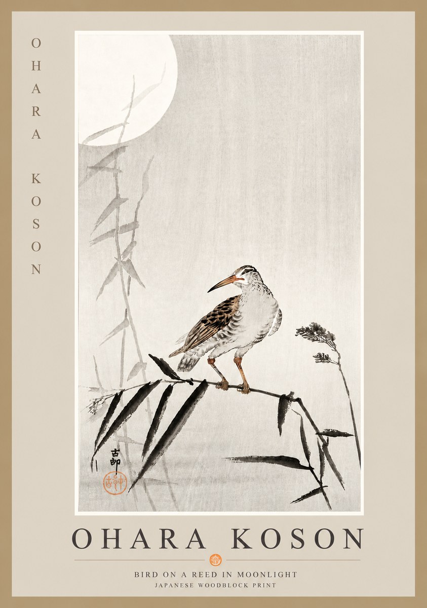 Ohara Koson Bird on a Reed in Moonlight No6 - Poszter