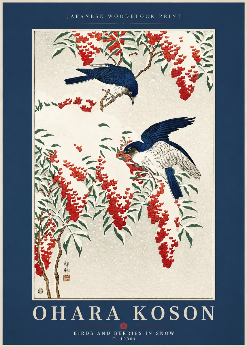 Ohara Koson Birds and Berries in Snow No2 - Poszter