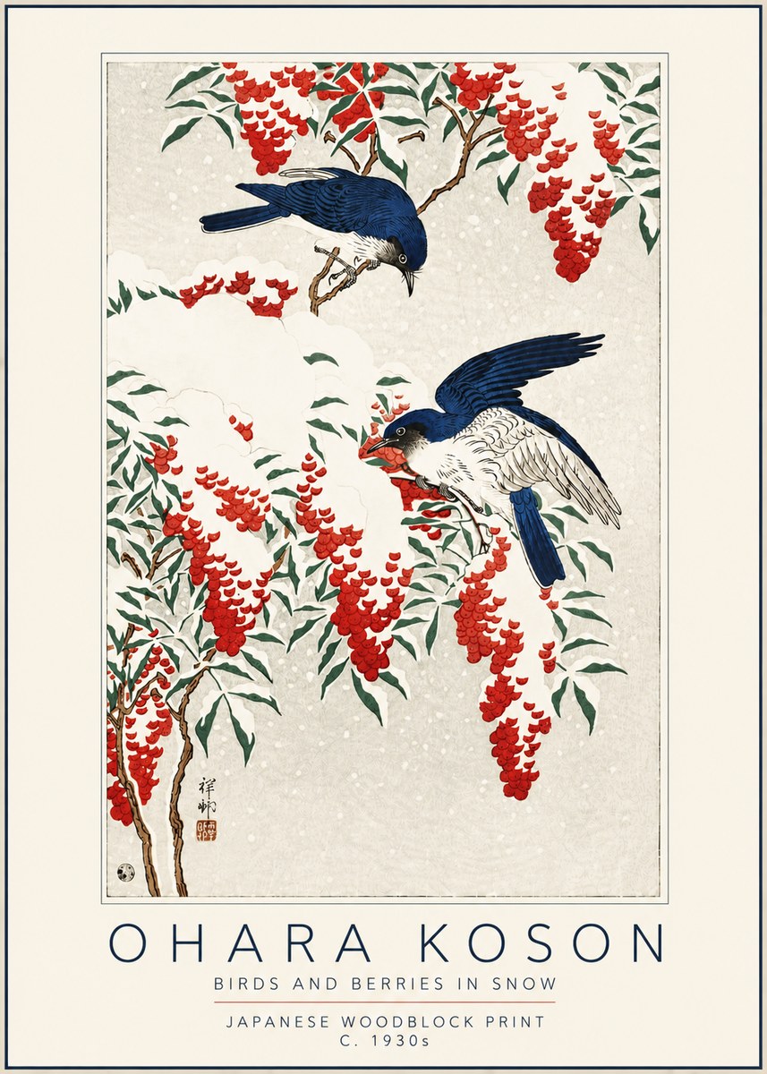 Ohara Koson Birds and Berries in Snow No5 - Poszter