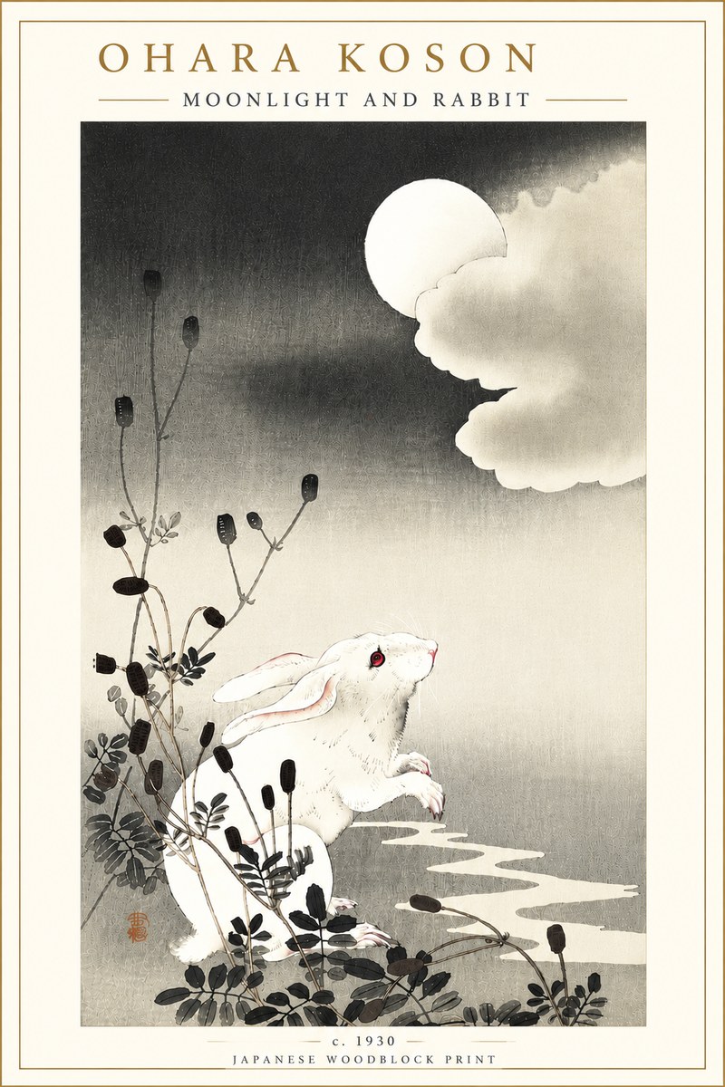 Ohara Koson Moonlight and Rabbit No5 - Poszter