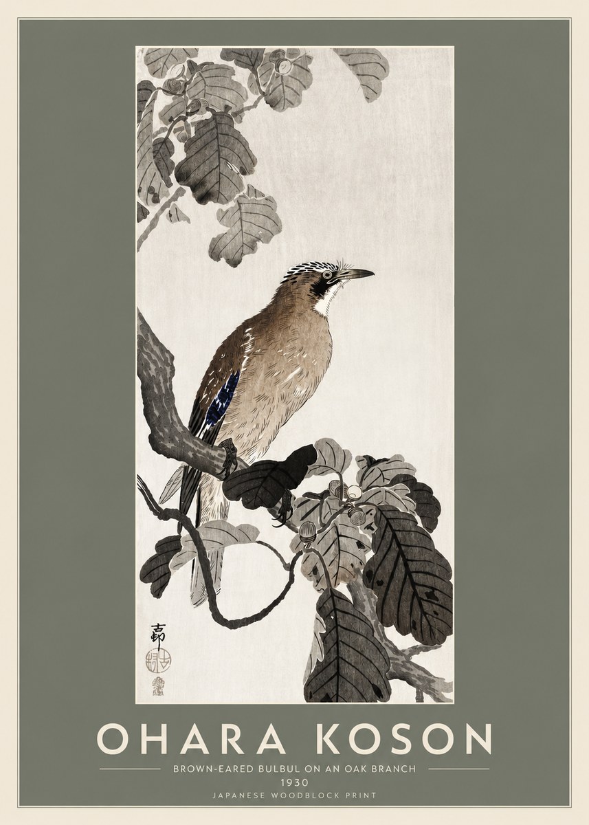 Ohara Koson Brown-eared Bulbul on an Oak Branch No2 - Poszter