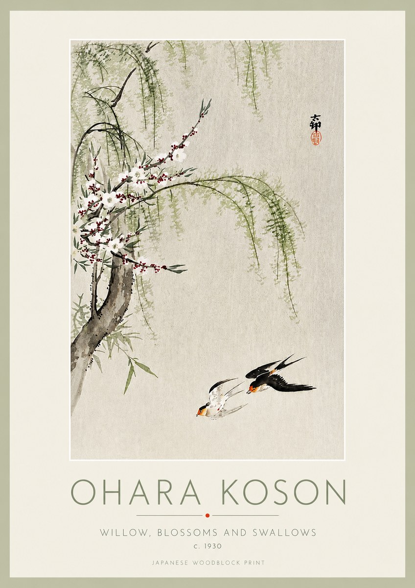 Ohara Koson Willow, Blossoms and Swallows No3 - Poszter