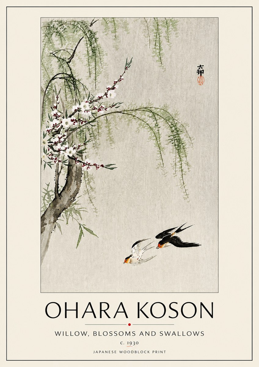 Ohara Koson Willow, Blossoms and Swallows No5 - Poszter