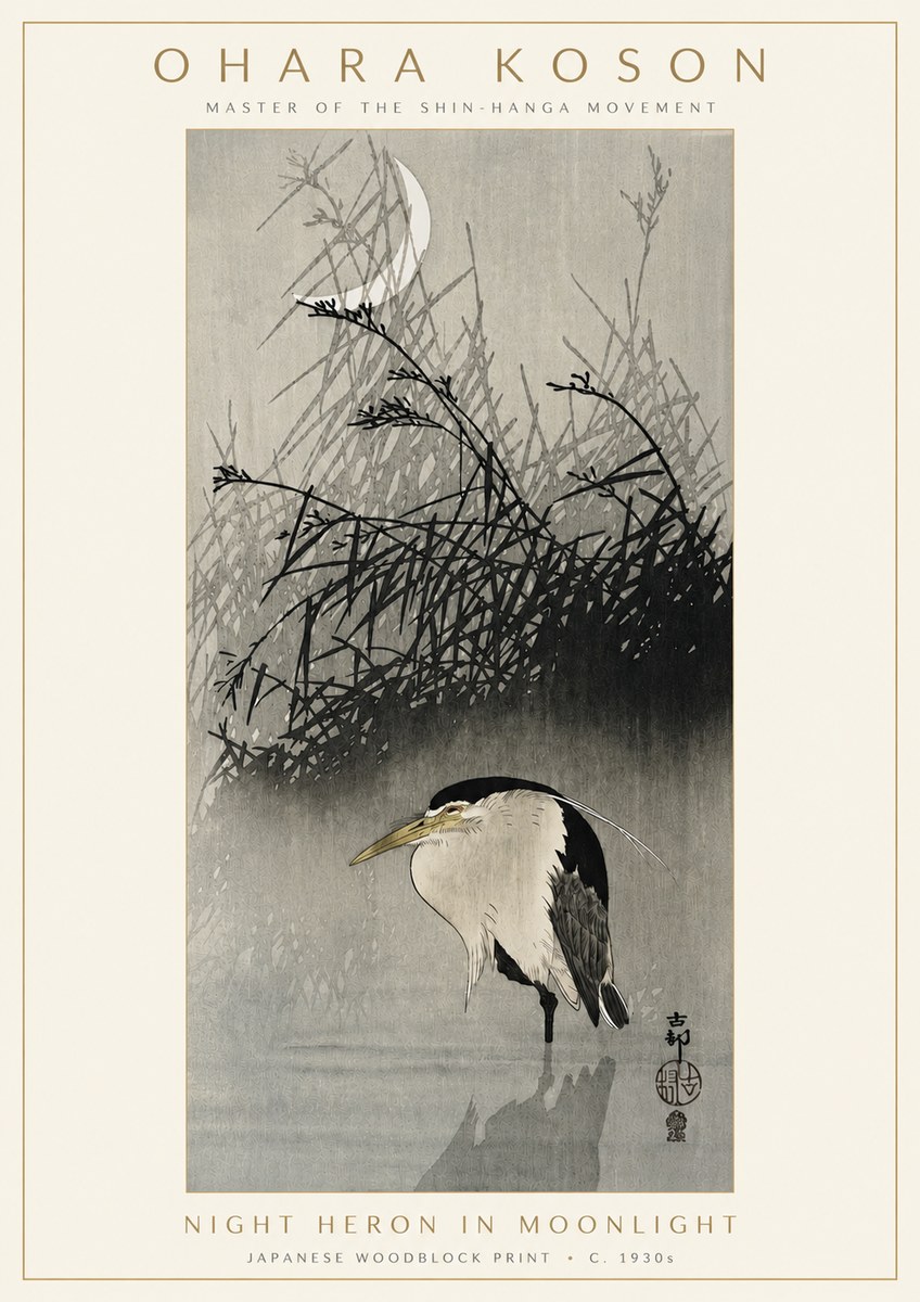 Ohara Koson Night Heron in Moonlight No3 - Poszter