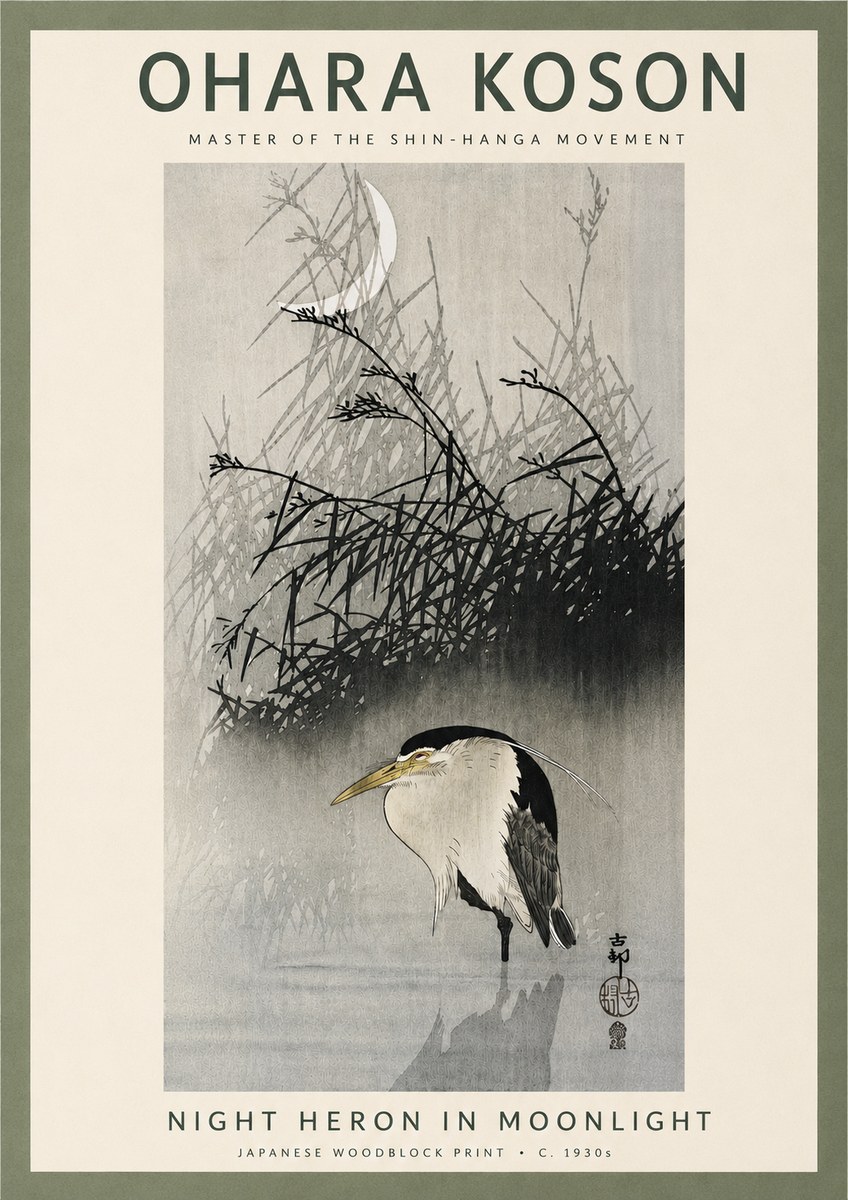 Ohara Koson Night Heron in Moonlight No4 - Poszter