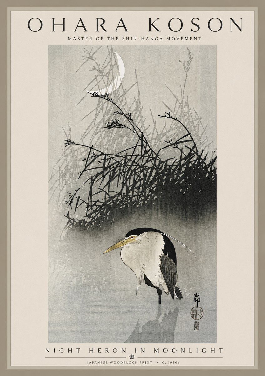 Ohara Koson Night Heron in Moonlight No5 - Poszter