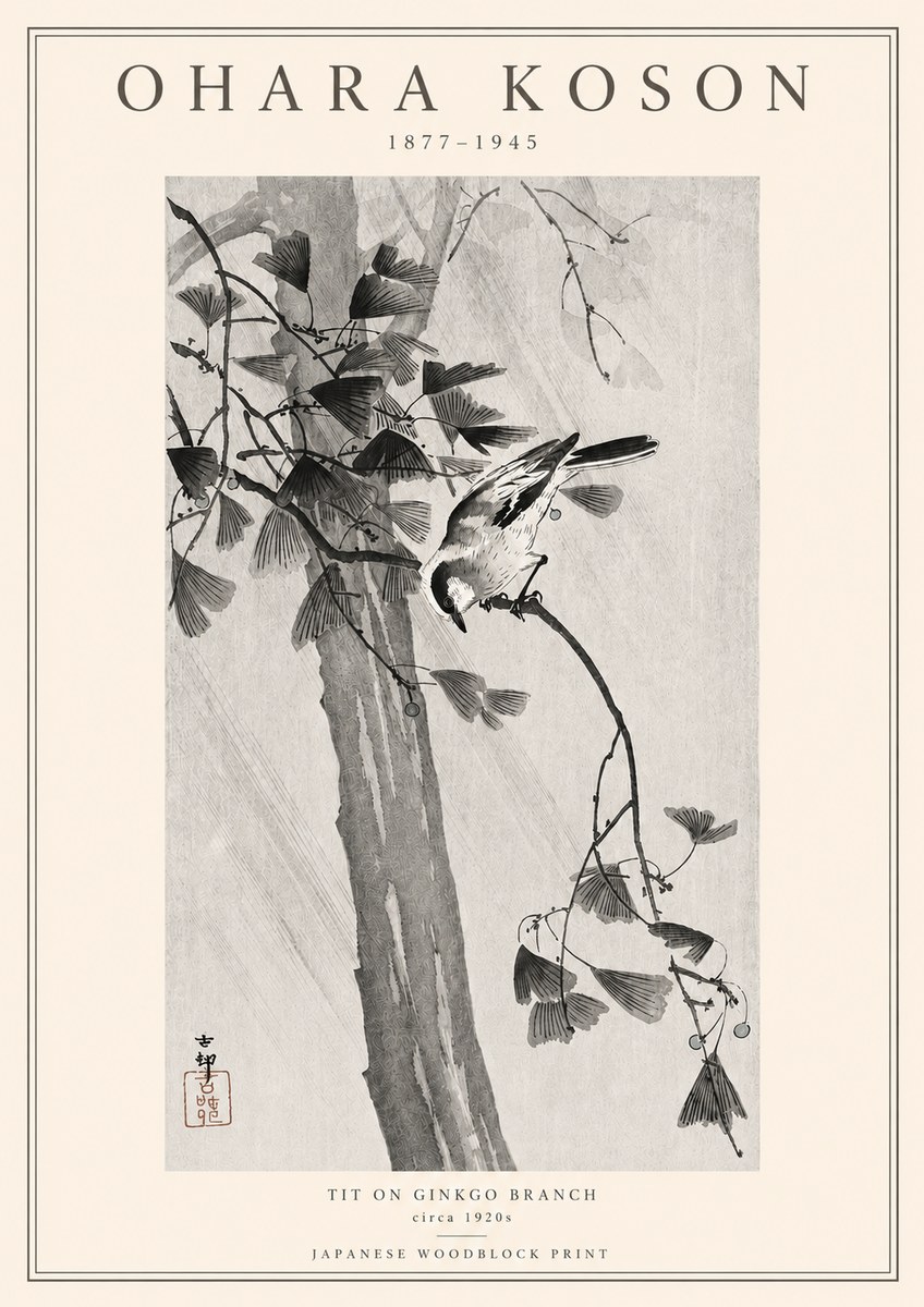 Ohara Koson Tit on Ginkgo Branch No3 - Poszter