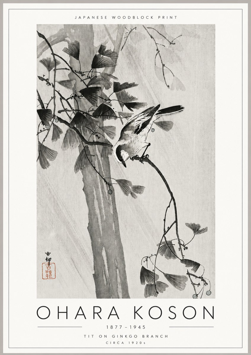 Ohara Koson Tit on Ginkgo Branch No6 - Poszter