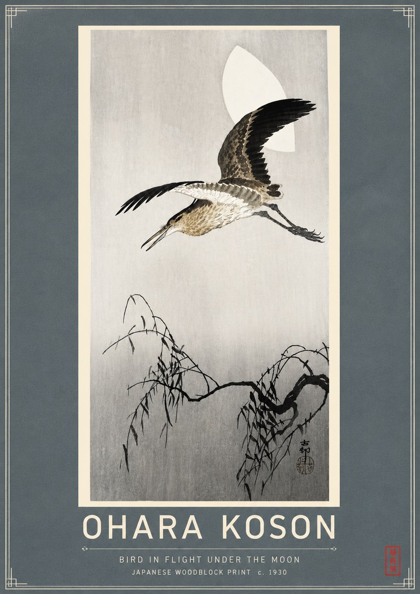 Ohara Koson Bird in Flight Under the Moon No4 - Poszter