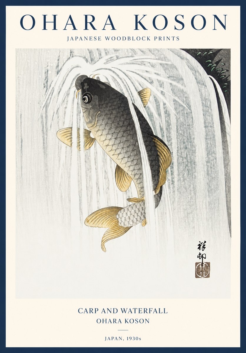 Ohara Koson Carp and Waterfall No1 - Poszter