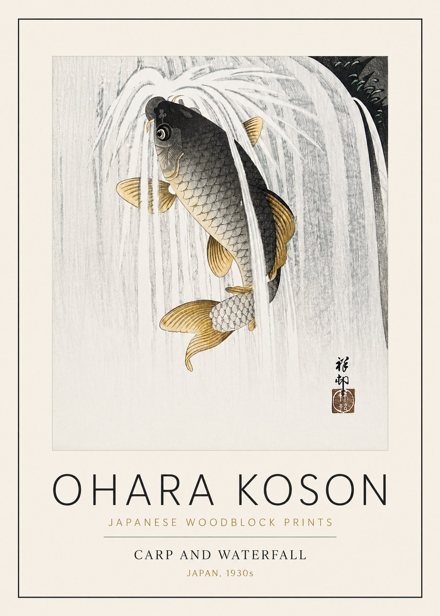 Ohara Koson Carp and Waterfall No3 - Poszter
