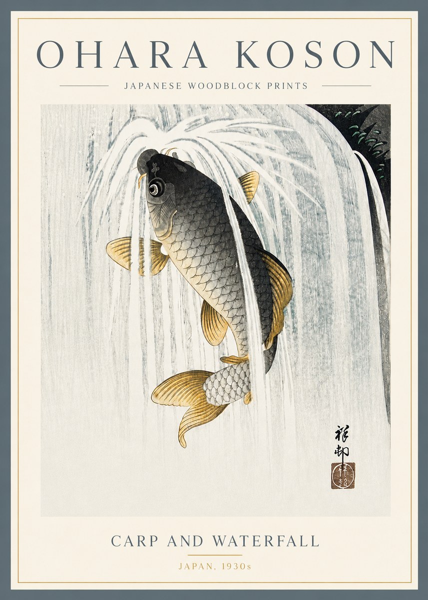 Ohara Koson Carp and Waterfall No5 - Poszter