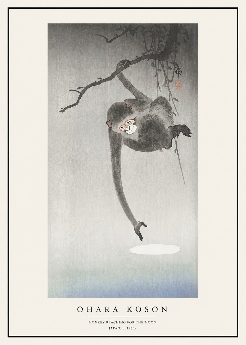 Ohara Koson Monkey Reaching for the Moon No1 - Poszter