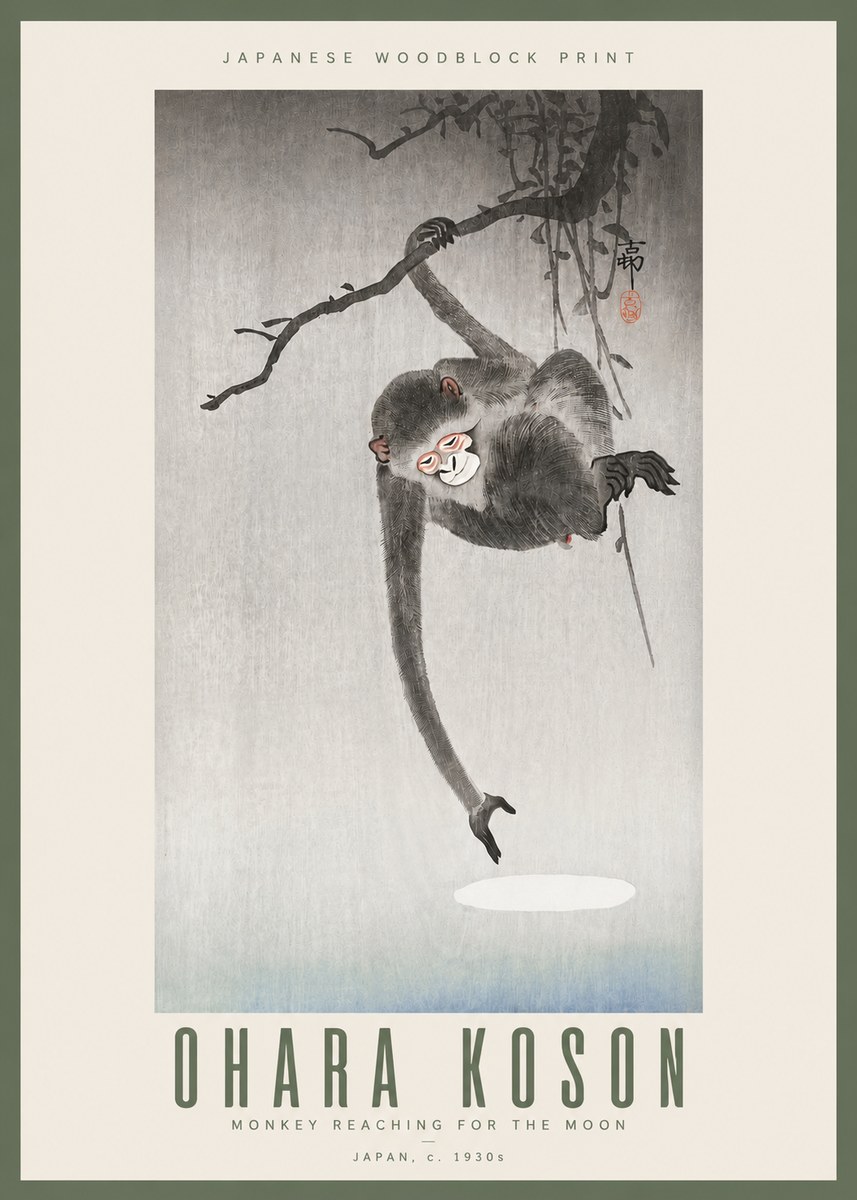 Ohara Koson Monkey Reaching for the Moon No3 - Poszter