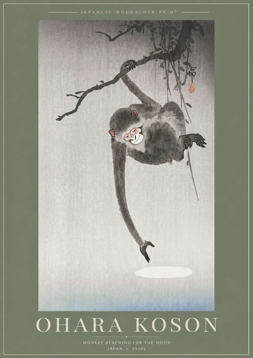 Ohara Koson Monkey Reaching for the Moon No5 - Poszter