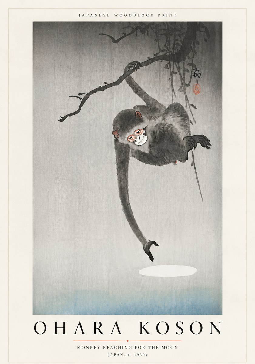 Ohara Koson Monkey Reaching for the Moon No6 - Poszter