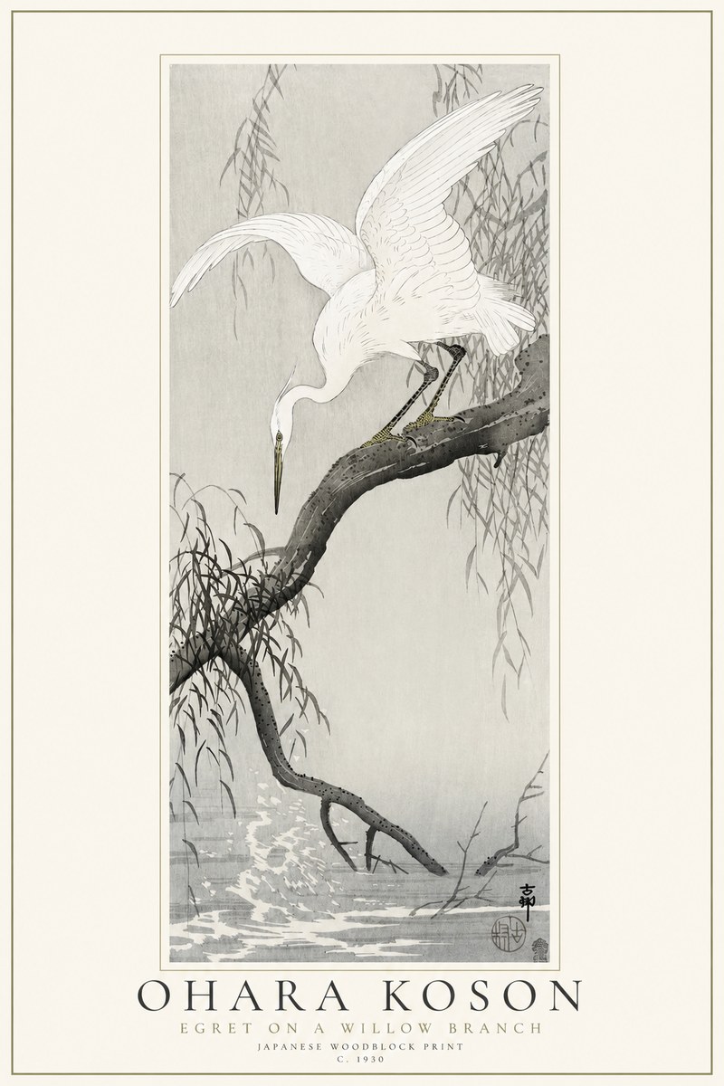 Ohara Koson Egret on a Willow Branch No1 - Poszter