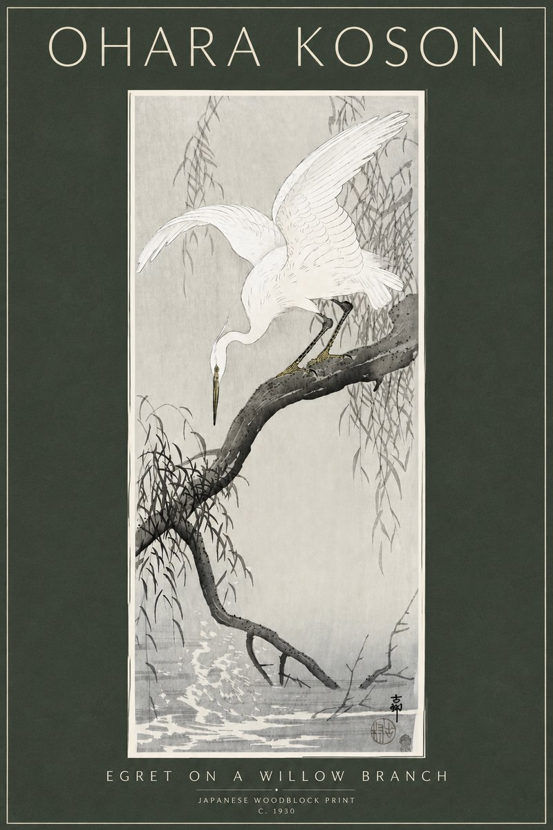 Ohara Koson Egret on a Willow Branch No3 - Poszter