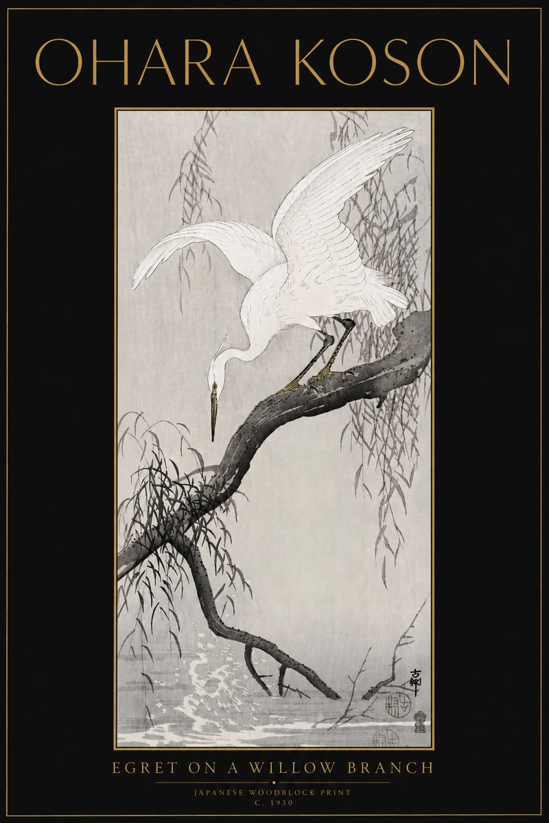 Ohara Koson Egret on a Willow Branch No5 - Poszter
