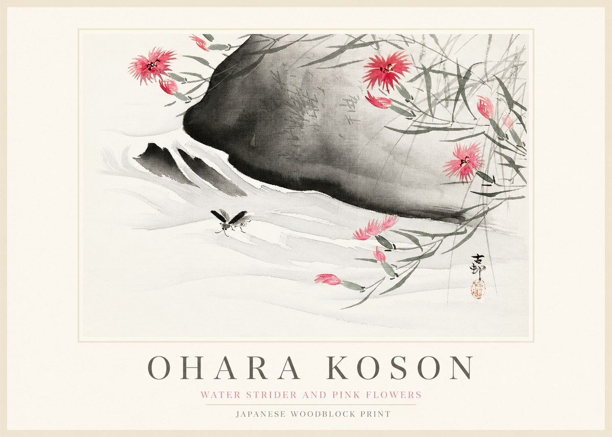Ohara Koson Water Strider and Pink Flowers No1 - Poszter