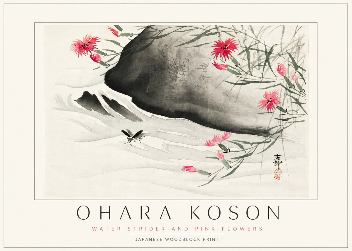 Ohara Koson Water Strider and Pink Flowers No3 - Poszter