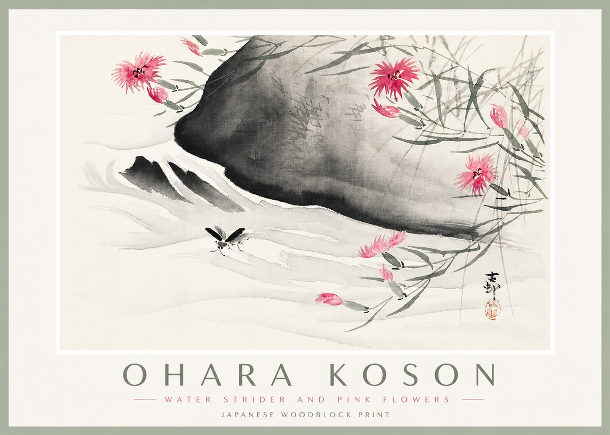 Ohara Koson Water Strider and Pink Flowers No4 - Poszter