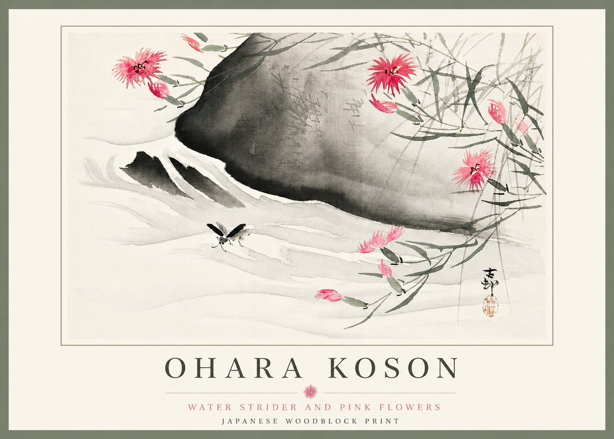 Ohara Koson Water Strider and Pink Flowers No5 - Poszter