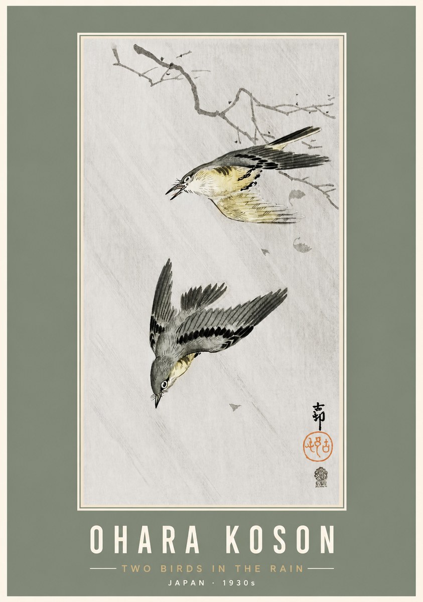 Ohara Koson Two Birds in the Rain No3 - Poszter