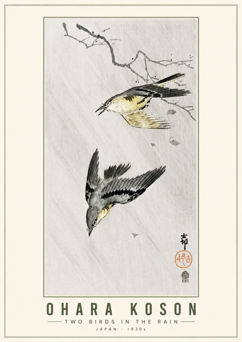 Ohara Koson Two Birds in the Rain No5 - Poszter
