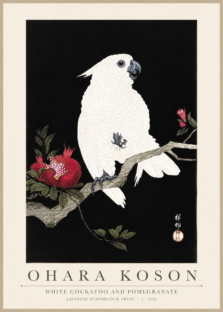 Ohara Koson White Cockatoo and Pomegranate I No3 - Poszter